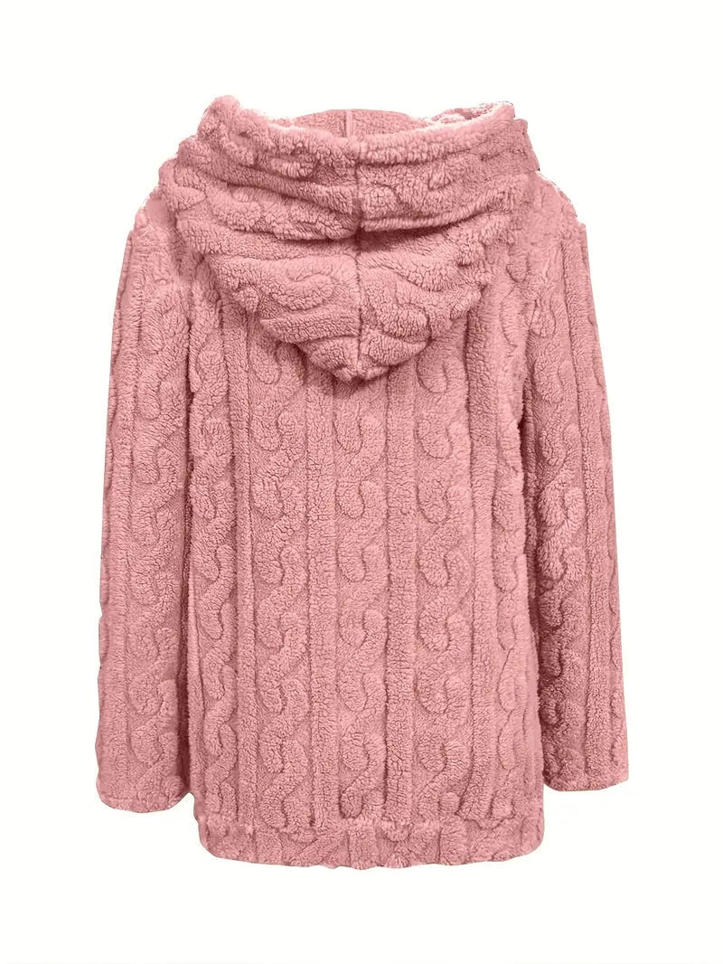 Pink jacket shown from the back on white, with a layered hood and textured vertical pattern.