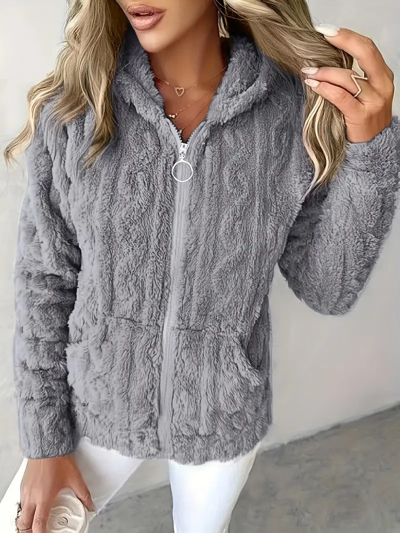 Gray plush hooded jacket shown front-on with long sleeves and low front pockets.
