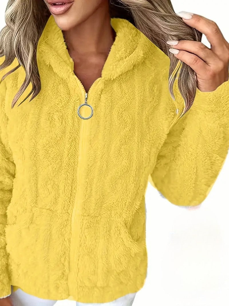 Bright yellow plush jacket with a hood and full front zipper, shown from the waist up.