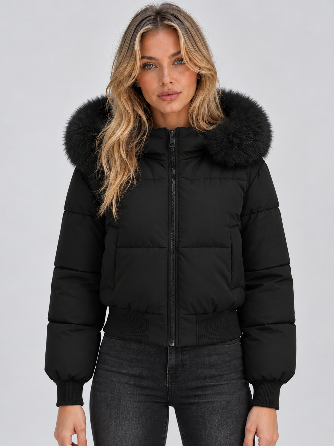 Front view of a black cropped puffer jacket with a plush faux fur collar, full zip closure, long sleeves and two front pockets.