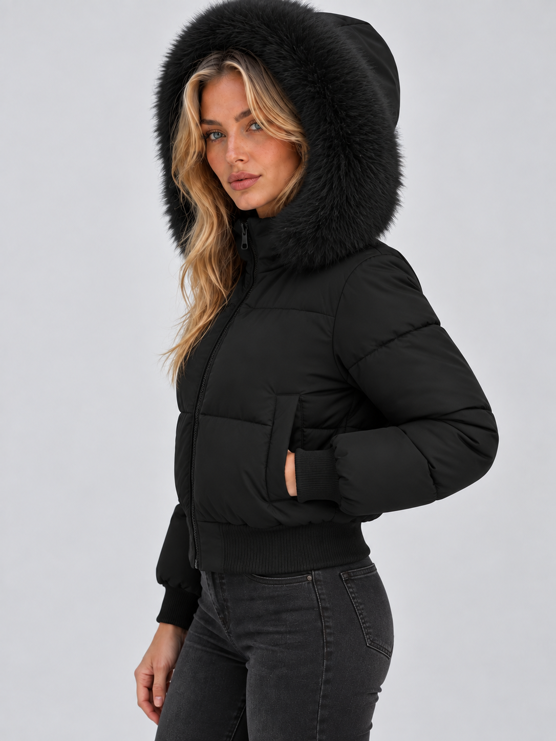 Side view of the black puffer jacket with its faux fur-trimmed hood raised, cropped shape, full zip front and sleeve cuff.