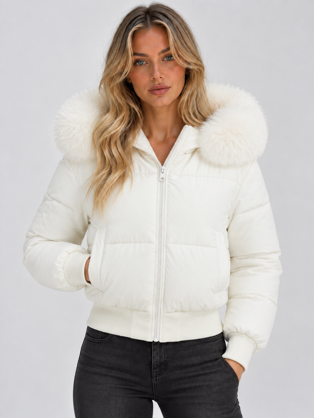 Front view of a white cropped puffer jacket with a plush faux fur collar, full zip closure, long sleeves and hands placed in the front pockets.