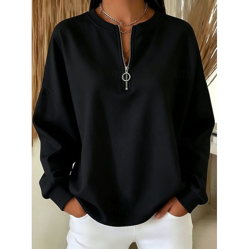 Black high-neck pullover sweatshirt featuring a partially open quarter-zip front and relaxed long sleeves.