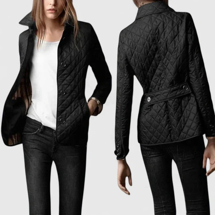 Front and back views of a black quilted jacket, showing its button front, pointed collar, long sleeves, and back waist tab.