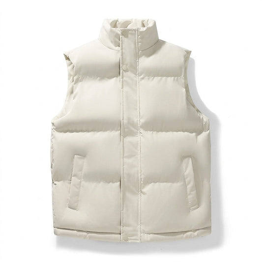 Front view of a cream quilted puffer vest with a stand collar, covered snap closure, horizontal panels, and two side pockets.