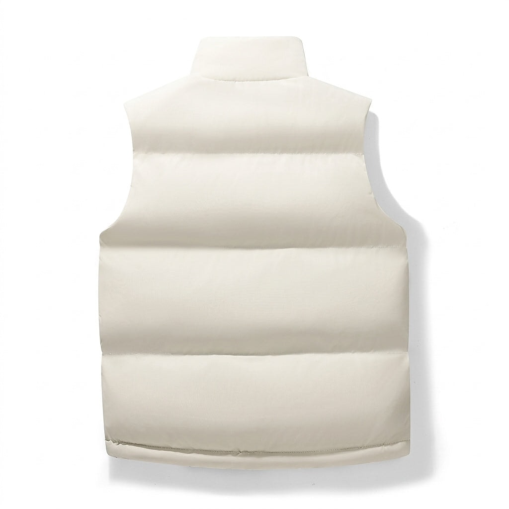 Back view of the cream puffer vest showing its sleeveless shape, stand collar, and horizontal quilted panels.
