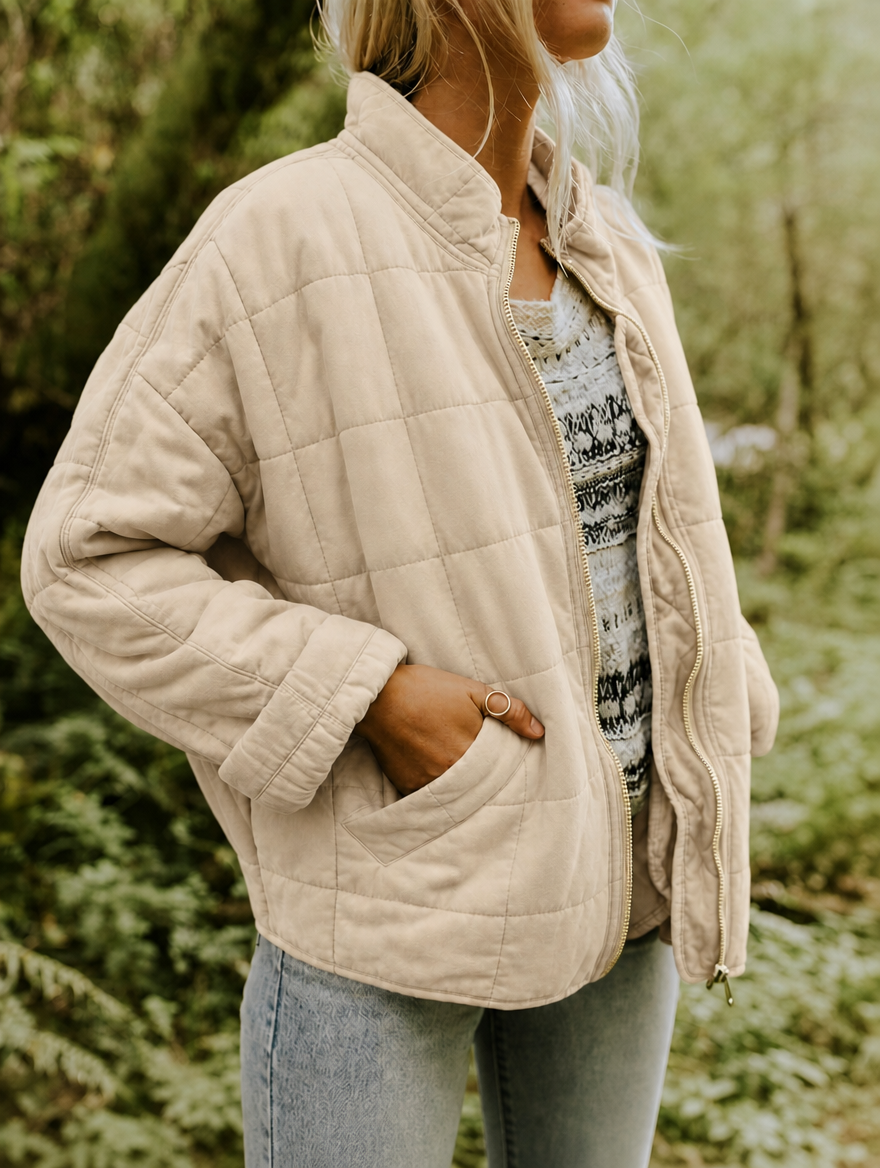 Angled close view of the light neutral jacket showing its raised collar, open zip, curved patch pocket, and quilted sleeve.