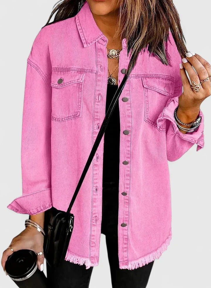 Bright pink relaxed jacket with chest flap pockets, turned-back sleeve cuffs, and a distressed frayed bottom edge.
