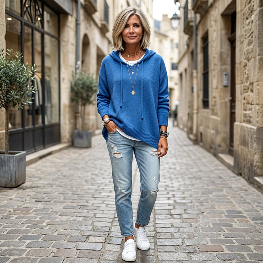 Blue relaxed pullover hoodie with drawstrings and long sleeves styled with distressed jeans on a cobblestone street.