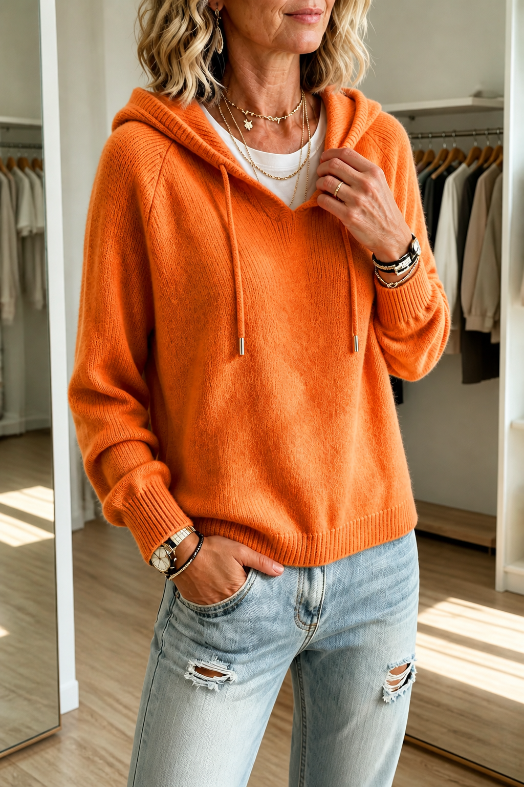 Three-quarter front view of an orange pullover with a hood, adjustable drawstrings, and ribbed sleeve cuffs.