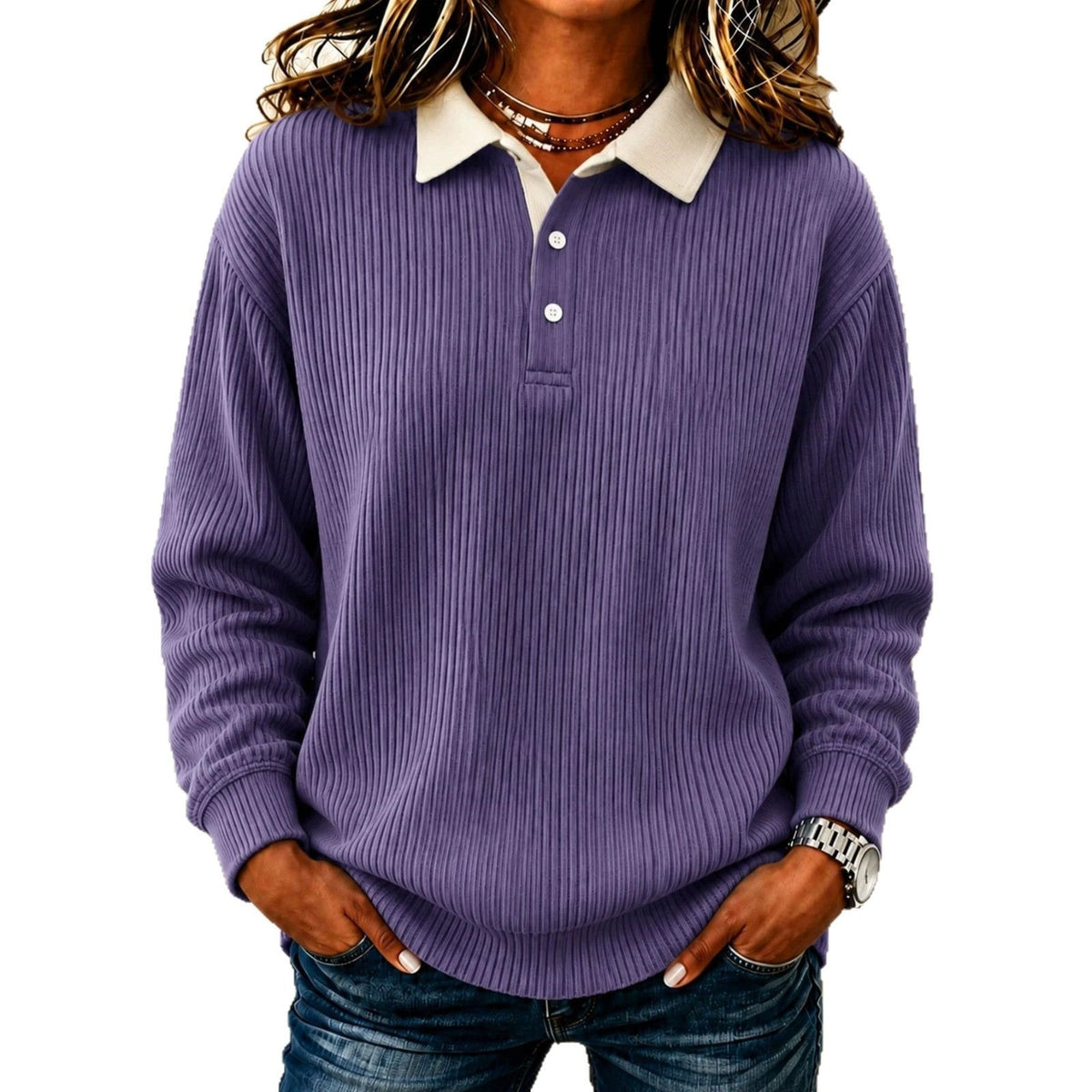 Muted purple ribbed sweater with a cream polo collar and short button opening, paired with blue jeans.