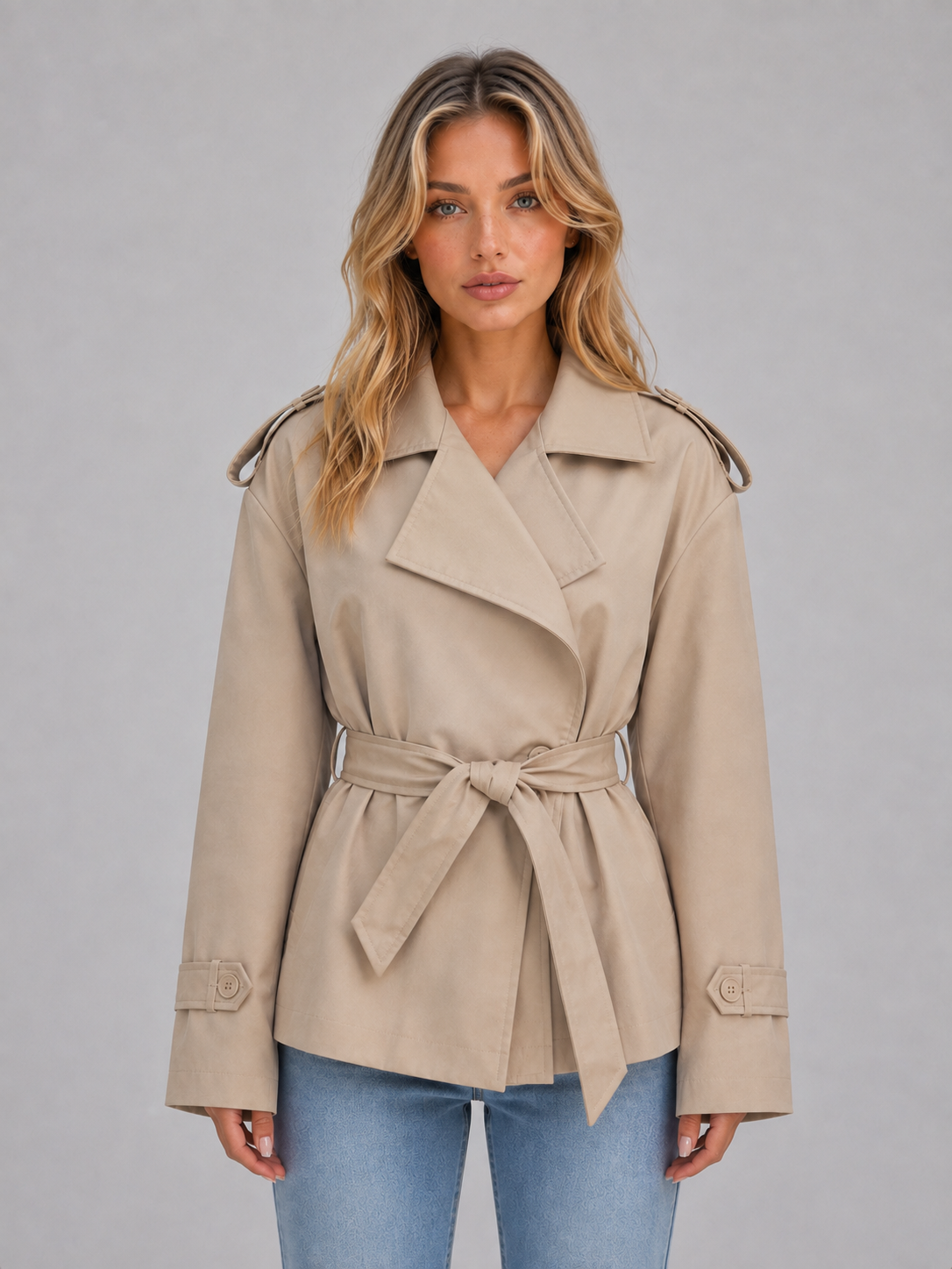 Front view of a beige short belted trench coat with a wide lapel collar, shoulder epaulettes, cuff tabs, and jeans.