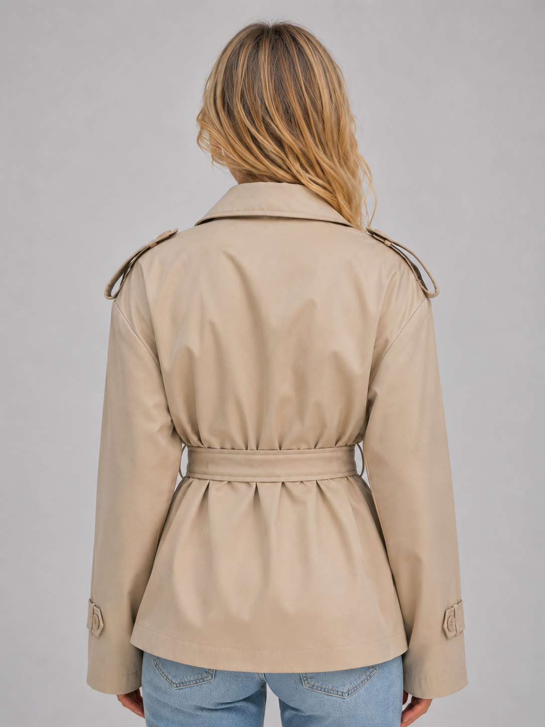 Back view of the beige short trench coat showing the belted waist, gathered back, shoulder epaulettes, and adjustable cuff tabs.