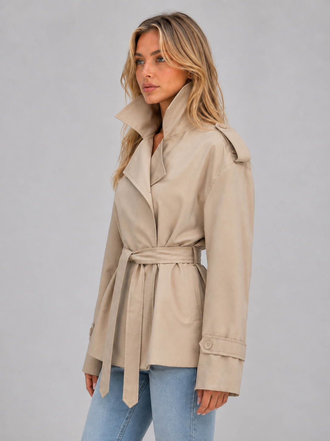 Side view of the beige short belted trench coat highlighting its raised collar, layered lapels, shoulder detail, and cuff tab.