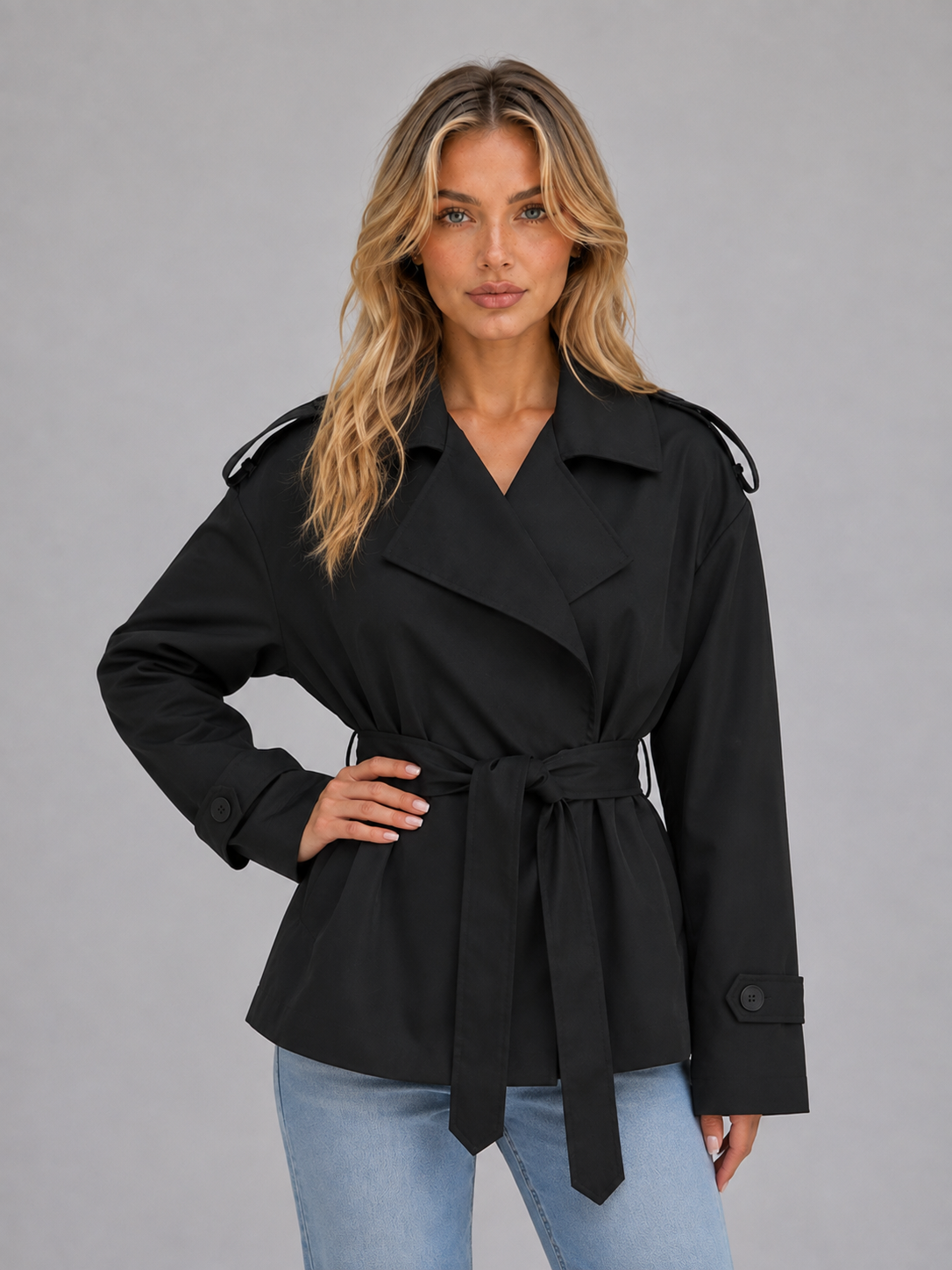 Black short belted trench coat shown from the front with one hand at the waist, wide lapels, shoulder epaulettes, and cuff tabs.