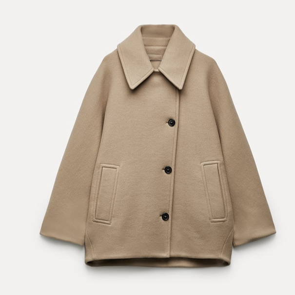 Camel short coat displayed flat, showing the pointed collar, three-button front, long sleeves, and two side pockets.