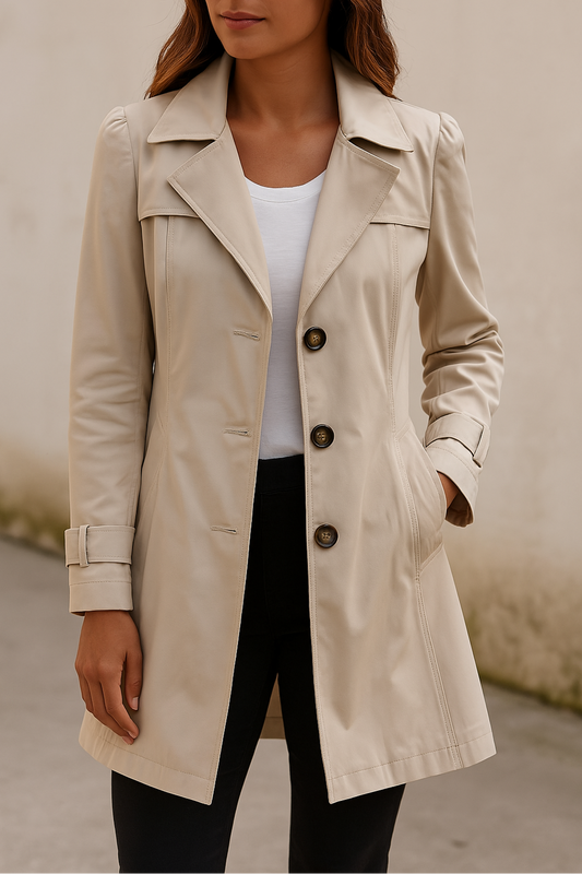 Woman wearing a beige single-breasted mid-length trench coat with a notched lapel, three-button front, side pockets, long sleeves, and adjustable cuff straps.