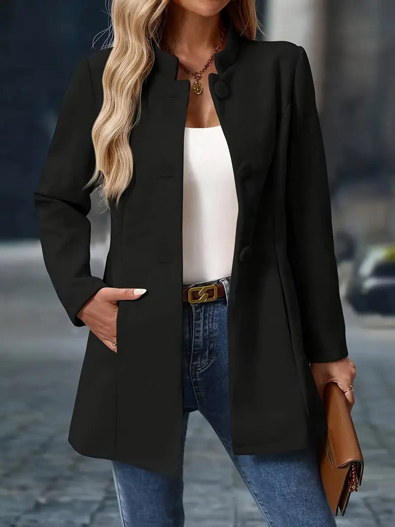 Black version of the structured stand-collar coat shown open with long sleeves and front buttons.