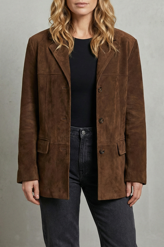 Front close view of a brown structured longline blazer with notched lapels, three-button closure, and flap pockets over a black top and jeans.