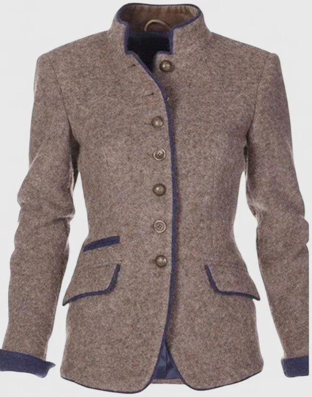 Front view of the taupe cardigan jacket displayed flat, showing its stand collar, full button closure, defined shape, contrast trim, and two flap pockets.