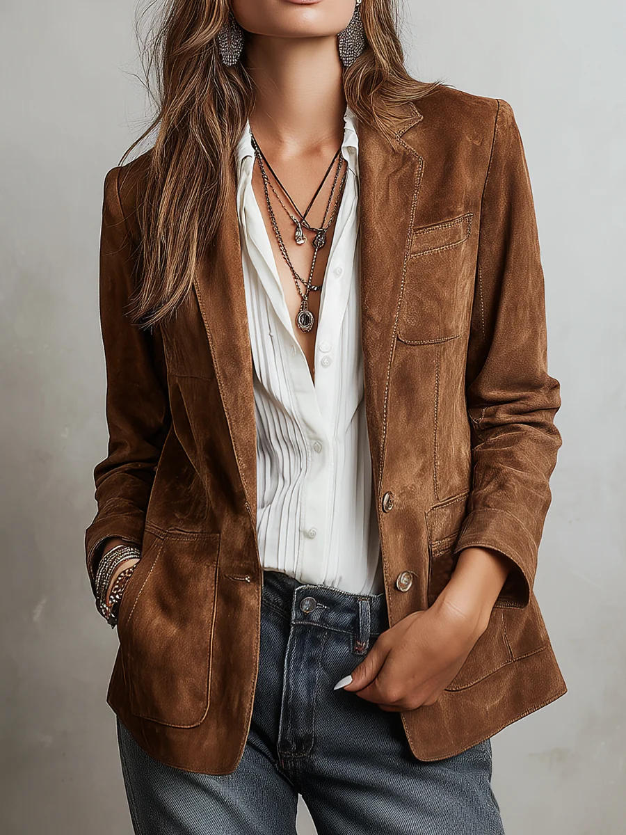 Front view of a hip-length brown tailored blazer with a notched lapel, long sleeves, button front, and multiple patch pockets, styled over a white blouse and jeans.