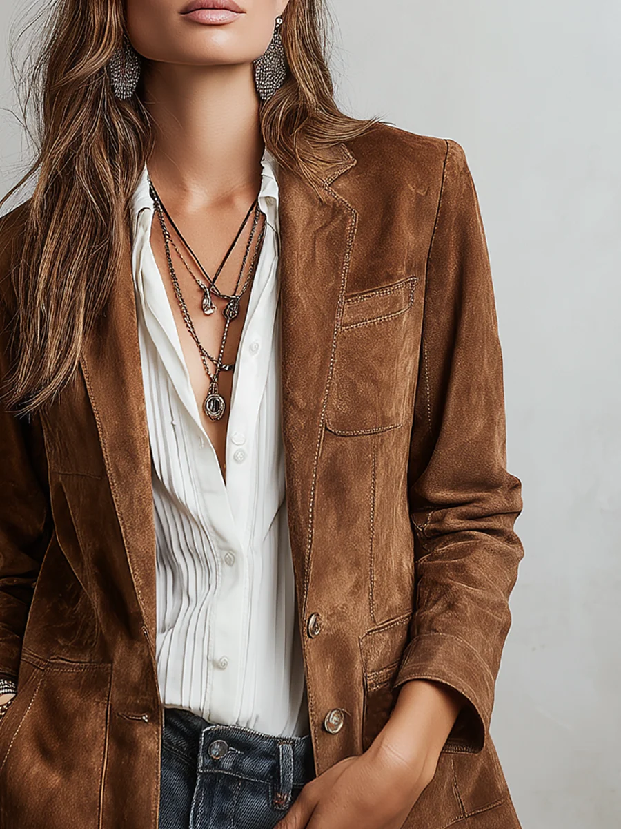 Cropped front-right view emphasizing the blazer’s structured shoulder, long sleeve, chest pocket, and lower pocket details.