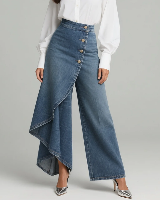 Front view of blue wide-leg denim wrap trousers with an asymmetric overlapping panel, high waist, and vertical button closure, styled with a white blouse and pointed heels.