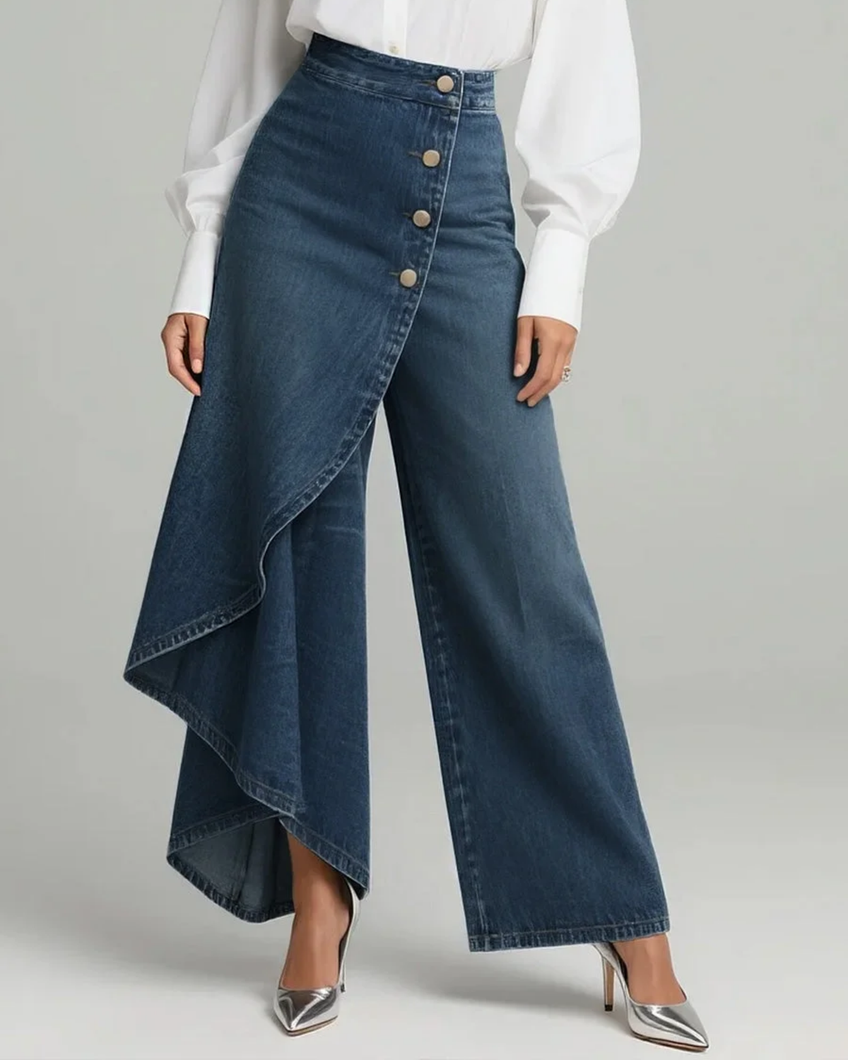 Closer front view highlighting the layered wrap panel cascading down one leg and the full-length wide-leg silhouette of the blue trousers.