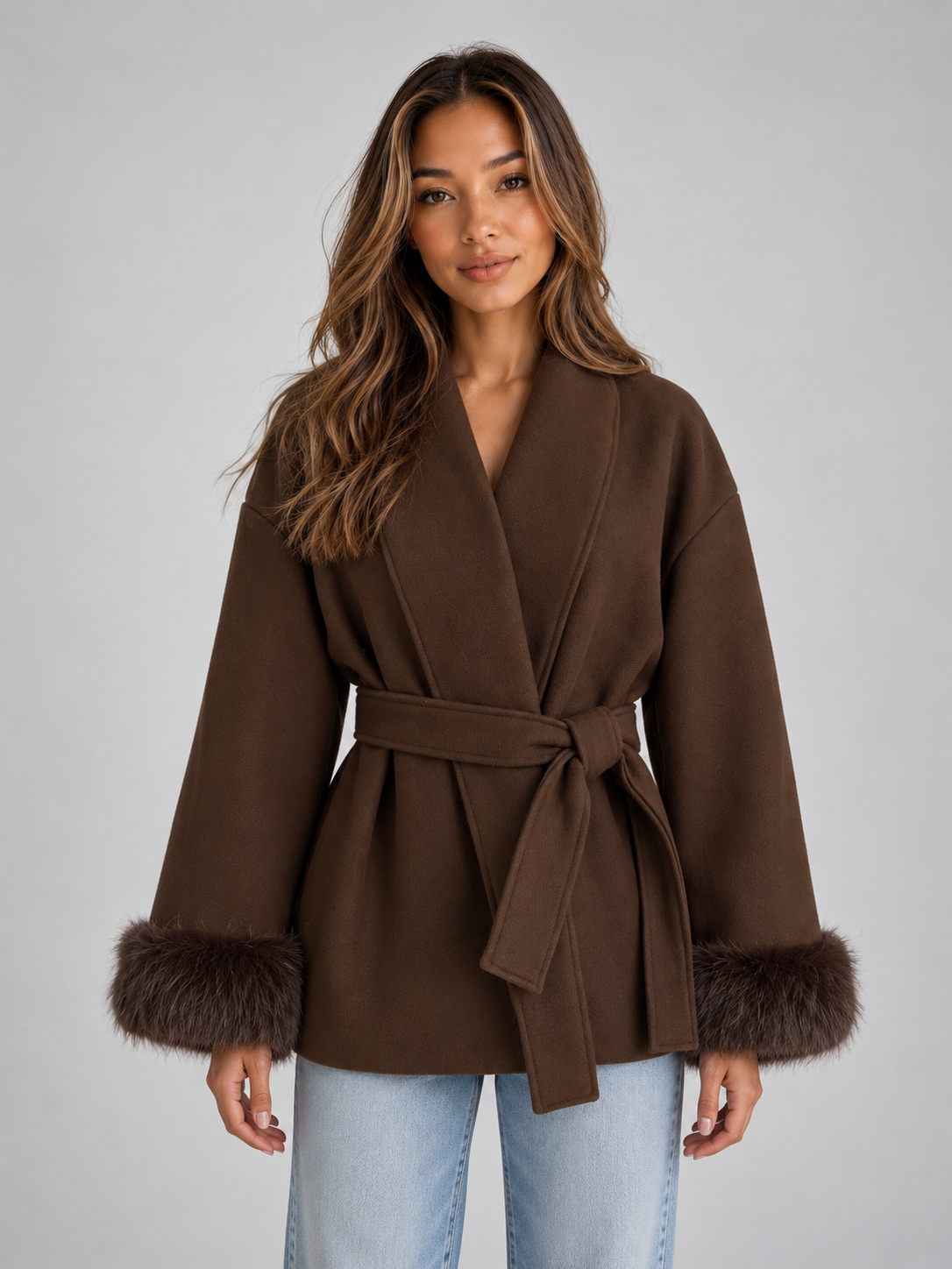 Front view of a brown short wrap coat with a wide shawl collar, tied belt, relaxed sleeves, and dark plush faux fur cuffs.