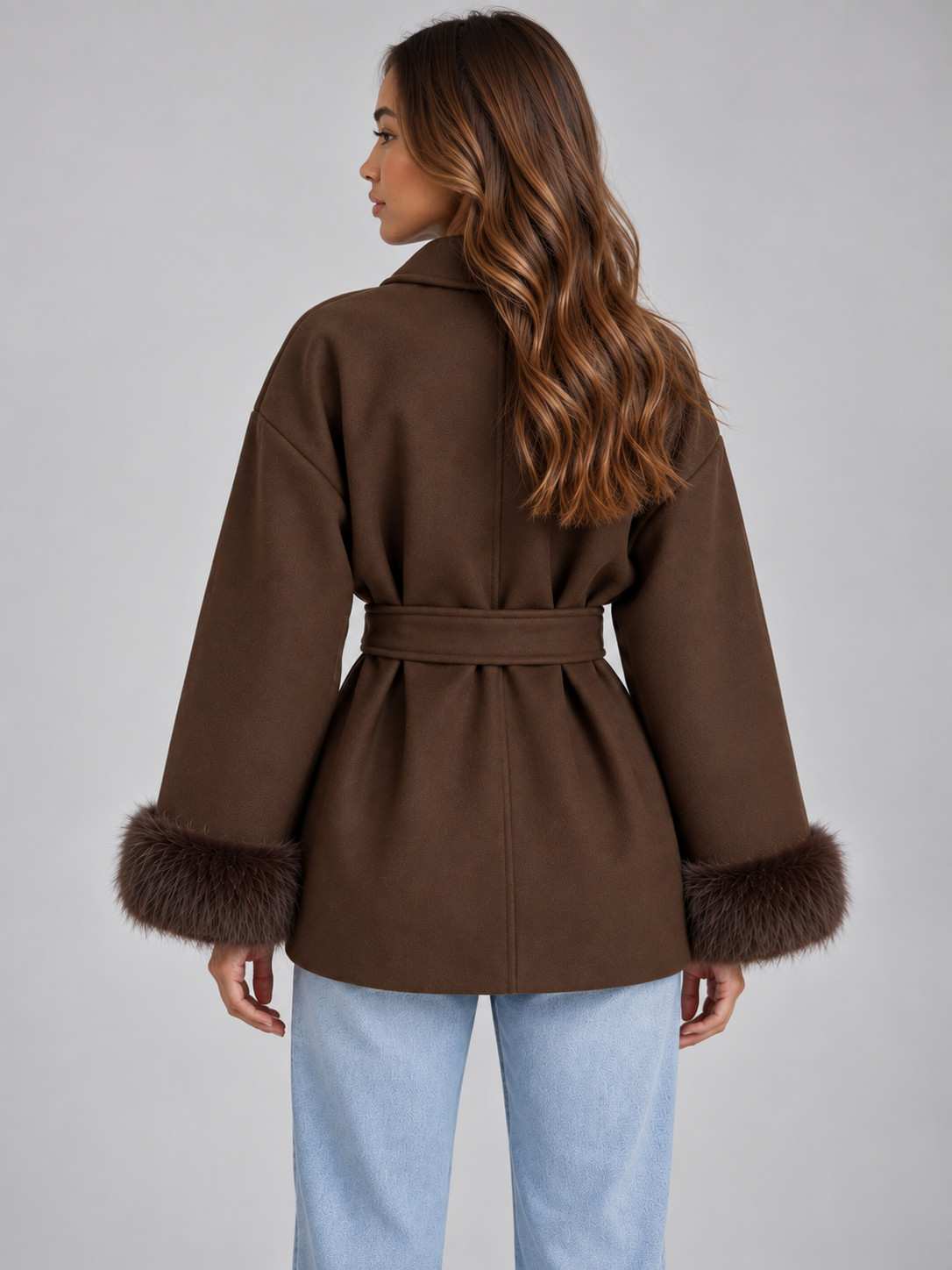 Back view of the brown wrap coat showing the belted waist, dropped shoulders, center back seam, and plush cuffs.
