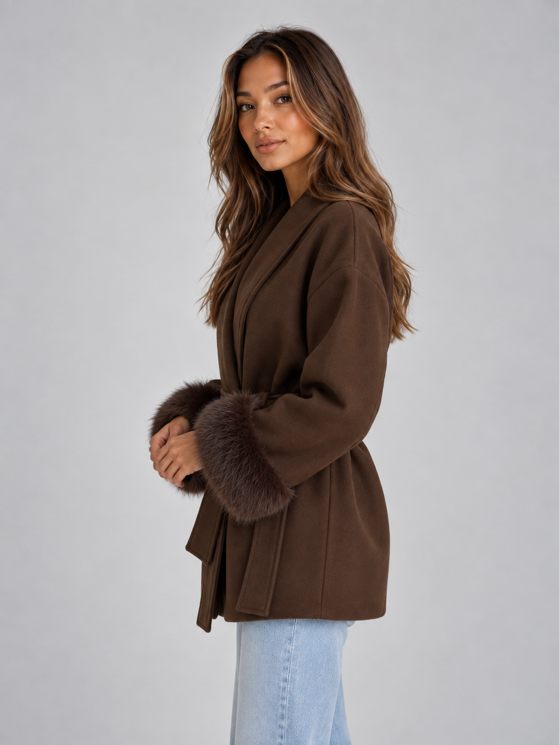 Side view of the brown wrap coat highlighting its draped wrap front, wide sleeve, tied waist, and layered plush cuff.