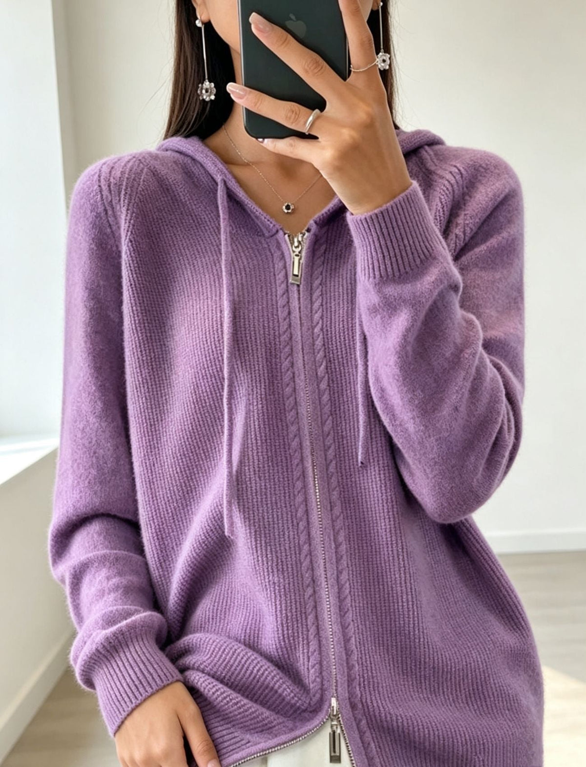 Lavender hooded cardigan with a silver front zipper, adjustable drawstrings and a relaxed fit.